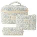 CHAMAIR 3Pcs Coquette Makeup Bag - Quilted Cosmetic Bag large Make Up Bag Set Aesthetic Floral Toiletry Bag Cotton Travel Skincare Bag for Women Ladies Girls (Style B1)