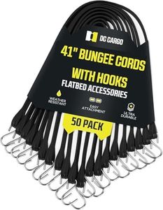 Pack of 50 Tarp Straps, 41" Long Natural Rubber Bungee Cord Tie-Downs Ideal for Securing Tarps, Canvases, Cargo in Cold Climates. Trailer Tie-Downs w/ Metal S-Hooks, by DC Cargo Mall.