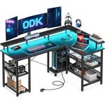 ODK L Shaped Gaming Desk with Power Outlet and LED Lights, PC Gaming Table with USB Ports, Reversible Desk with Storage Shelves & Monitor Stand, Home Office Desk (Carbon Fiber Black, 150×102cm)