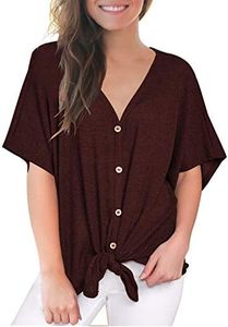 MIHOLL T Shirts for Women Short Sleeve V Neck Button Down Tie Front Knot Loose Tops (X-Large, Wine Red)