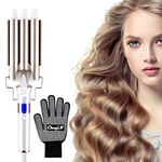 CkeyiN 3 Barrel Curling Iron Wand Hair Waver with LCD 16 Temperature Control Display, Ceramic Tourmaline Crimper Hair Iron with Glove, Dual Voltage for All Hair Types Crimper Beach Waving Styling