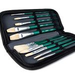 ARTIFY 10 Pieces Paint Brush Set Includes a Carrying Case, Premium Hair Brushes for Watercolor, Oil, Acrylic and Gouache Paintings, for Beginners Artists Kids and Adults (Green - Hog Bristle)