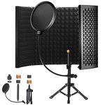 Microphone Isolation Shield with Pop Filter and Tripod Stand, 5-Panel Vocal Booth Foldable High Density Absorbent Foam Suit for Blue Yeti & Any Condenser Mic, Studio Sound Recording Singing