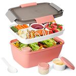 Salad Container for Lunch, SWKIEN 68 oz Salad Bowl with 5-Compartment, Bento Lunch Box Container with 2pcs Salad Dressing Container to Go, Large Leak-Proof Bento Box Adult Lunch Box, BPA-Free (Pink)