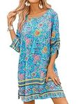 Hotouch Women Boho Mini Dresses 2025 O Neck Long Puff Sleeve Smocked Ruffle Flowy Casual Dress Blue M