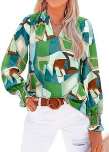 MASCOMODA Womens V Neck Floral Long Sleeve Tops 2025 Summer Casual Loose Puff Sleeve Chiffon Boho Work Blouse Dressy T Shirts(Green Watercolour,X-Large)