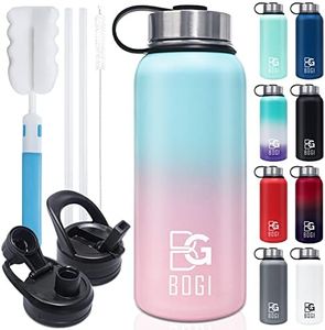 BOGI 32oz Insulated Water Bottle, Double Wall Vacuum Stainless Steel Water Bottle with Straw and 3 Lids, Sweat-Proof Wide Mouth Metal Water Bottle Keeps Hot or Cold for Sports Gym Office (Blue Pink)