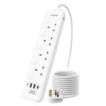 Extension Lead with USB Slots, 3m Long Heavy Duty Cable Extension Cord, Surge Protected Extension Plug with PD18W QC 3.0 USB Ports, 3 Metre 4 Way UK Plugs Extension Sockets Power Strip with Switches