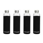 Cutting EDGE Borosilicate Round Glass Water Bottle with Black Portable Carrying Sleeve for School, Home, Office, Travel, Sport, Yoga, Gym, Hot, Cold Drinks - Transparent (750ML - Set of 4)