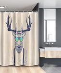 Ambesonne Antlers Stall Shower Curtain, Illustration of Deer Dressed up Like Cool Hipster Fashion Creative Fun Animal, Fabric Bathroom Decor Set with Hooks, 54" W x 78" L, Beige Dark Blue