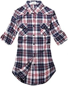 Match Womens Button Down Flannel Plaid Shirts roll up Long Sleeve Shackets Business Blouse Top (X-Small, Checks#7)