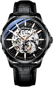 TEINTOP Skeleton Watch for Men's with Steampunk Automatic Mechanical Wristwatch, Leather Band - Black Face, Wrist Watch