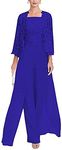 Women's Chiffon Mother of Bride Dress Pant Suits 3 Pieces with Appliques Lace Jacket for Weddinng 20 Royal Blue