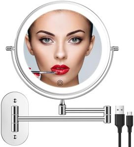 Rechargeable Wall Mounted Lighted Makeup Vanity Mirror 8 Inch Double Sided 1X 10X Magnifying Bathroom Mirror, 3 Color Lighting, Touch Screen Dimming, Extended Arm 360 Rotation Shaving Light up Mirror