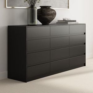 WOODTIME Dresser with 12 Handleless Drawers, 63" Large Chest of Drawers with Slide Rails, Modern Wooden Double Dresser for Bedroom Living Room, Black