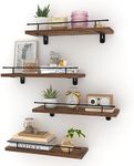 HORLIMER Set of 4 Floating Shelves for Wall, Wooden Wall Shelf with Brown Shelves and Black Metal Front Rail, Ideal for Kitchen, Bedroom, Living Room, and Bathroom