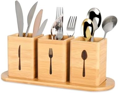 GEHE Silverware Caddy for Countertop, Natural Bamboo Utensil Caddy for Parties, Utensil Holder with 3 Compartment, Silverware Organizer Storage Containers for Spoons, Forks and knives