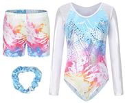 SEAUR Gymnastics Leotards for Girls Long Sleeve with Shorts and Hair Scrunchie Colorful Little Kids Workout Ballet Outfits Type-04 7-8