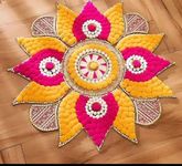 Anishop Handcrafted Decorative Rangoli Mat, Floral Pattern, Yellow and Pink Rangoli mat for Diwali,navratre,Diwali Decoration,Wedding,Festival Decoration Material MDF Base, 60 cm Diameter