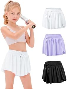 Stelle Girls Flowy Shorts with Pockets Athletic Running Skirt High Waist Butterfly 2 in 1 Sports Short 5-16 Years(BK+WT+LA,L)