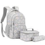 H HIKKER-LINK Kids Backpack for Girls Teen School Elementary Backpack with Lunch Bag Pencil Case Set 3PCS Daisy Gray