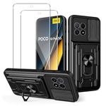 GEJEFA Case for Xiaomi Poco X6 PRO 5G + 2 Pack Screen Protector, Military Grade Ring Kickstand Shockproof Rugged Protective Case with Credit Card Slot & Sliding Camera Cover, Black