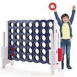 GYMAX Giant 4 in a Row Game, Jumbo 4 to Score Games with 42 Rings & Quick Release Slider, Indoor Outdoor Four in a Row Game for Kids Adults (Navy Blue)