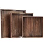 MAGIGO Set of 3 Large Square Solid Black Walnut Wood Ottoman Tray with Handles, Serve Tea, Coffee, Classic Wooden Decorative Serving Tray, 16+14+12