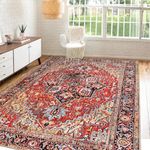 JML Machine Washable 5x7ft Area Rug,Foldable Vintage Living Room Area Rug,Low Pile Non-Slip Rug Retro Bohemian Style Rug for Bedroom Living Room Dining Room,Red