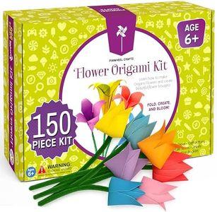 Pinwheel Crafts Flower Origami Kit for Kids Ages 8-12 | 150 Pcs Origami Paper Kit w/Multicolor Folding Papers, Chenille Stems,Buttons and Jewels, Arts and Crafts Paper Book for Kids Ages 6+