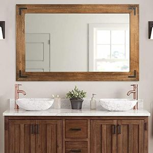 YOSHOOT Rustic Wooden Framed Wall Mirror, Natural Wood Bathroom Vanity Mirror for Farmhouse Decor, Vertical or Horizontal Hanging (40" x 26", Brown)