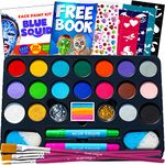 Blue Squid Face Painting Kit for Kids – 24 Colors 160pc Ultimate Face Paint Kit, Stencils, Book - Safe for Sensitive Skin, Non Toxic Face Painting Kit Professional - Kids Party, Halloween Makeup Kit