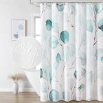 QiyI Watercolor Eucalyptus Shower Curtain, 3D Embossed Butterflies Sage Green Leaves Bathroom Curtain, Minimalist White Cloth Bath Curtain, Waterproof Fabric Shower Curtain Set with Hooks, 72x72