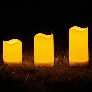 hoomjee Solar Candles Outdoor Waterproof with Timer, Rechargeable Outdoor Solar Powered Candles, Sensor Dusk to Dawn,Lantern,3"X4"5" 6" Set of 3