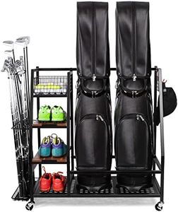 Sttoraboks 2 Golf Bags Storage Garage Organizer, Golf Bag Rack Fits 2 Golf Bags and Golf Equipment Accessories, Golf Club Storage Stand with Wooden Shelf and Lockable Wheels for Garage Indoor Basement