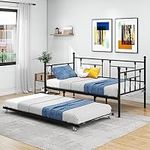 VERFARM Twin Size Metal Daybed Frame with Trundle, Premium Steel Slat Support, Multifunctional Mattress Foundation, Heavy-Duty Twin Day Bed Sofa with Headboard for Living Room Guest Room Bedroom