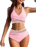 AI'MAGE Women High Waisted Bikini Sets Tummy Control Swimsuits Two Piece Swim Suits 2025 Color Block Halter Bathing Suits, Pink, XL