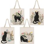 Oudain 4 Pcs Cat Tote Bag for Women Floral Book Space Mushroom Canvas Tote Bag Bulk Cute Aesthetic Library Shoulder Tote Bag, White and Black