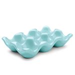 Flexzion Ceramic Egg Holder for Fridge - 6 Cups Egg Tray Half Dozen Porcelain Container Keeper Storage Organizer Decorative Serving Dish Serveware for Refrigerator Countertop Display Kitchen (Blue)