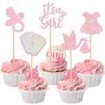 SYKYCTCY 30 Pack It's a Girl Cupcake Toppers Pacifier Glitter Onesie Jumpsuit Cupcake Picks Bird Pacifier Cake Decorations for Baby Shower Girl Birthday Theme Party Supplies Pink