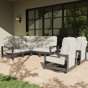 LayinSun 7-Piece Patio Furniture Set, Outdoor Aluminum Conversation Set with Swivel Chair and 6" Thick Cushions, Modern Sectional Sets for Balcony Backyard Pool