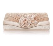 Damara Women's Satin Pleated Flower Front Evening Bag Clutch Handbag (Champagne), L