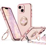 XYZ for iPhone 13 Case with Stand, Double Ring Holder Case Heart with Lanyard for Girls Women, Luxury Cute Bling Protective Phone Cover Case for iPhone 13, Pink