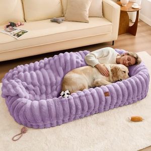 ChiXnuggle Orthopedic Human Dog Bed,Striped Faux Fur Washable Cover,Blanket