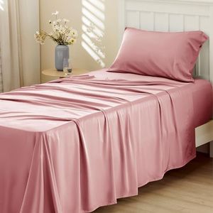 Bedsure Twin XL Sheet Set Dorm Bedding, Cooling Sheets Twin Extra Long Sheets, Rayon Derived from Bamboo, Deep Pocket Up to 16", Hotel Luxury Silky Bedding Sheets & Pillowcases, Blush Pink