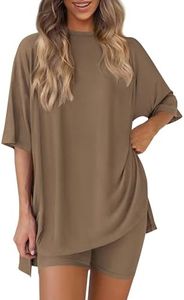 PRETTYGARDEN Women's Two Piece Lounge Set 2025 Summer Casual Oversized Shirts Biker Shorts Matching Airport Travel Outfit (Dark Khaki,X-Large)