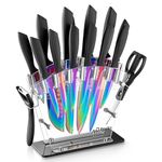 D.Perlla Knife Set, 16-Piece Kitchen Knife Set with Acrylic Stand, High Carbon Stainless Steel Knife Block Set with Rainbow Titanium Coating, Anti-Rusting & Anti-Corrosion