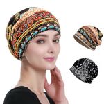 Venzina® Slouchy Beanie Cap for Women, Boho Printed Beanie Hat Bonnet Cap, Fashion Casual Skull Cap, Soft Stretchy Saggy Chemo Cap for All Season Black