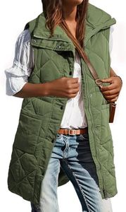 Dokotoo Womens Oversized Green Puffer Vest Warm Stand Collar Casual Zip Long Vest Sleeveless Outerwear Jacket Winter Coats for Women Quilted Vest with Pockets X-Large
