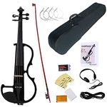 Electric Violin,Finelegend Black Full Size 4/4 Vintage Solid Wood Mahogany Metallic Electric/Silent Violin with Ebony Fittings, Carrying Case, Audio Cable, Rosin, Bow,Battery(black)